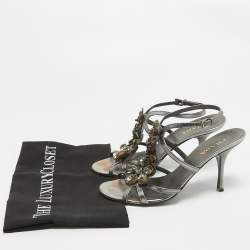 Prada Grey Leather Crystal Embellished Ankle Strap Sandals Size 37.5