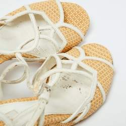 Prada Beige/White Raffia and Leather Wedge Sandals Size 38