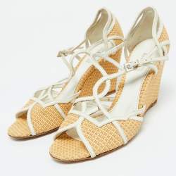 Prada Beige/White Raffia and Leather Wedge Sandals Size 38