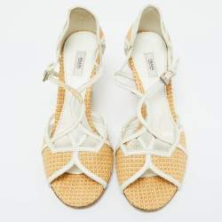 Prada Beige/White Raffia and Leather Wedge Sandals Size 38