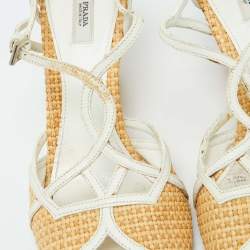 Prada Beige/White Raffia and Leather Wedge Sandals Size 38