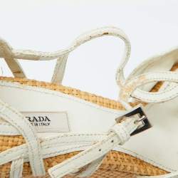 Prada Beige/White Raffia and Leather Wedge Sandals Size 38