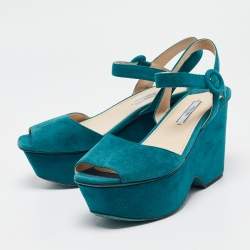 Pre Owned Prada Teal Suede Platform Ankle Strap Sandals Size 38