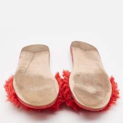 Prada Red Fur and Leather Crystal Embellished Flat Slides Size 41