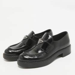 Pre Owned Prada Black Brushed Leather Slip On Loafers Size 39
