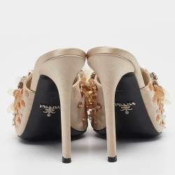 Pre Owned Prada Beige Satin Embellished Slide Sandals Size 37