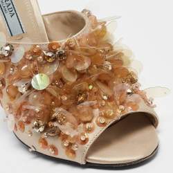 Pre Owned Prada Beige Satin Embellished Slide Sandals Size 37