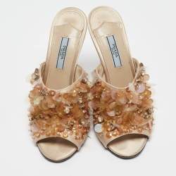 Pre Owned Prada Beige Satin Embellished Slide Sandals Size 37