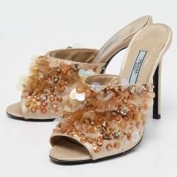 Pre Owned Prada Beige Satin Embellished Slide Sandals Size 37