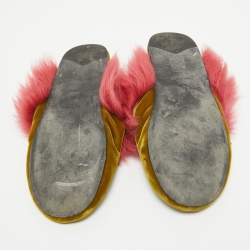 Prada Pink/Green Fur and Velvet Flat Sandals Size 40