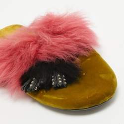 Prada Pink/Green Fur and Velvet Flat Sandals Size 40