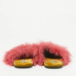 Prada Pink/Green Fur and Velvet Flat Sandals Size 40