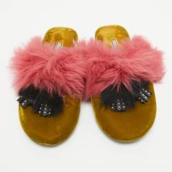 Prada Pink/Green Fur and Velvet Flat Sandals Size 40