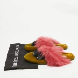 Prada Pink/Green Fur and Velvet Flat Sandals Size 40