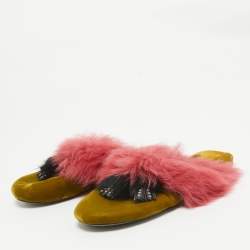 Prada Pink/Green Fur and Velvet Flat Sandals Size 40