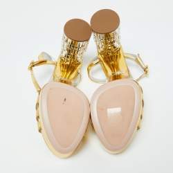 Prada Gold Laminated Leather Platform Block Heel Sandals Size 40