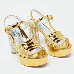 Prada Gold Laminated Leather Platform Block Heel Sandals Size 40