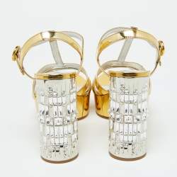 Prada Gold Laminated Leather Platform Block Heel Sandals Size 40