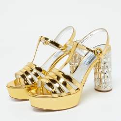 Prada Gold Laminated Leather Platform Block Heel Sandals Size 40