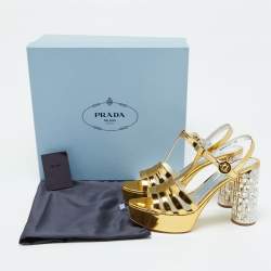 Prada Gold Laminated Leather Platform Block Heel Sandals Size 40
