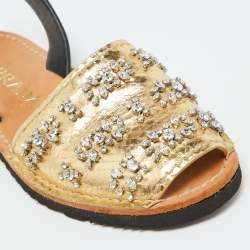 Pre Owned Prada Gold/Black Snake Embossed Leather and Leather Crystal Embellished Slingback Flat Sandals Size 39.5