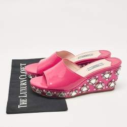 Prada Pink Patent Leather Embellished Wedge Sandals Size 39