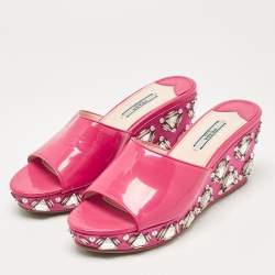 Prada Pink Patent Leather Embellished Wedge Sandals Size 39