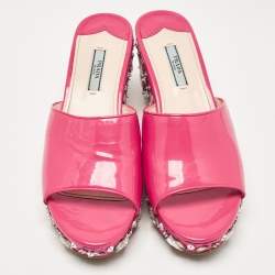 Prada Pink Patent Leather Embellished Wedge Sandals Size 39
