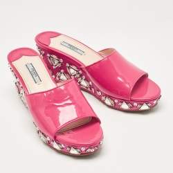 Prada Pink Patent Leather Embellished Wedge Sandals Size 39