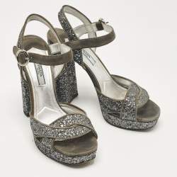 Prada Grey Glitter and Suede Platform Ankle Strap Sandals Size 37
