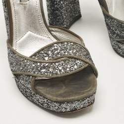 Prada Grey Glitter and Suede Platform Ankle Strap Sandals Size 37