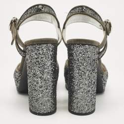 Prada Grey Glitter and Suede Platform Ankle Strap Sandals Size 37
