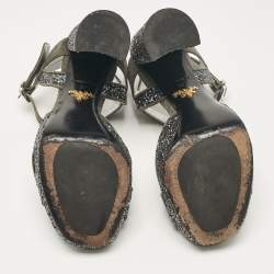 Prada Grey Glitter and Suede Platform Ankle Strap Sandals Size 37