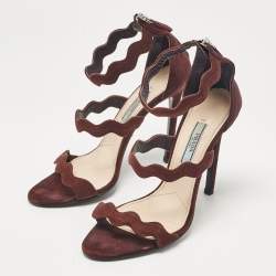 Pre Owned Prada Brown Suede Wavy Ankle Strap Sandals Size 36