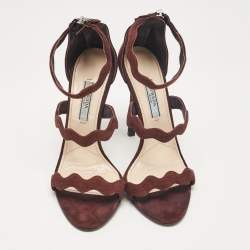 Pre Owned Prada Brown Suede Wavy Ankle Strap Sandals Size 36