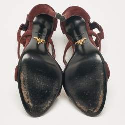 Pre Owned Prada Brown Suede Wavy Ankle Strap Sandals Size 36