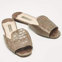 Pre Owned Prada Grey Crocodile Leather Flat Slides Size 36.5