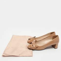 Prada Beige Patent Leather Bow Block Heel Pumps Size 38
