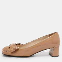 Prada Beige Patent Leather Bow Block Heel Pumps Size 38