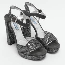 Prada Grey Glitter and Suede Ankle Strap Sandals Size 39
