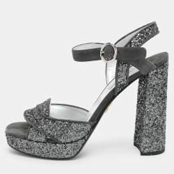 Prada Grey Glitter and Suede Ankle Strap Sandals Size 39