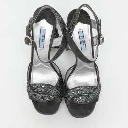Prada Grey Glitter and Suede Ankle Strap Sandals Size 39