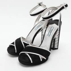Prada Black/Silver Suede and Leather Ankle Strap Sandals Size 39.5