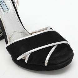 Prada Black/Silver Suede and Leather Ankle Strap Sandals Size 39.5