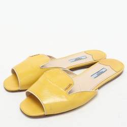 Pre Owned Prada Yellow Patent Saffiano Leather Flat Slides Size 40