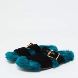 Pre Owned Prada Black/Teal Blue Velvet Flat Sandals Size 41