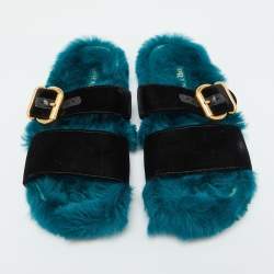 Pre Owned Prada Black/Teal Blue Velvet Flat Sandals Size 41