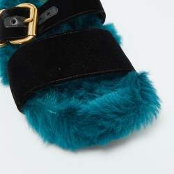 Pre Owned Prada Black/Teal Blue Velvet Flat Sandals Size 41