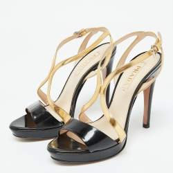 Pre Owned Prada Black/Gold Leather Strappy Platform Sandals Size 37