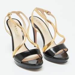 Pre Owned Prada Black/Gold Leather Strappy Platform Sandals Size 37